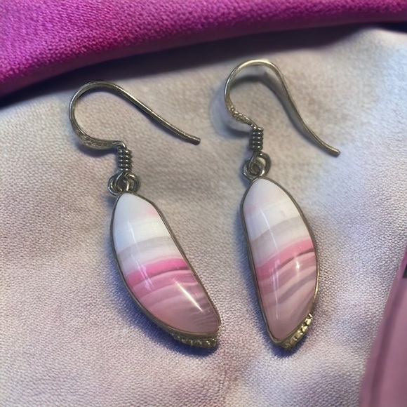 Swirls of Pink & Gray Agate with Rose Quartz Sterling Silver Statement Earrings - Picture 6 of 6